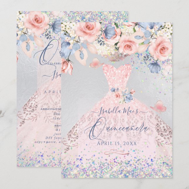 Quinceanera Blues Rosa Glitzer Gourmet Einladung (Vorne/Hinten)