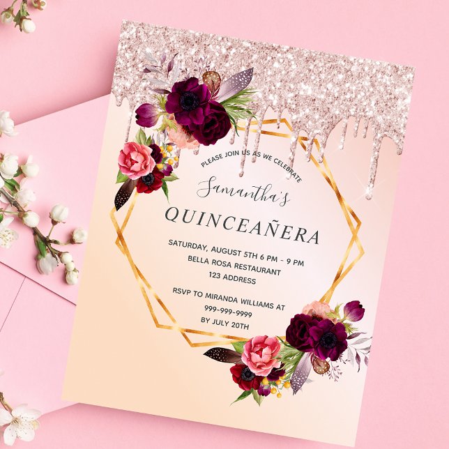 Quinceanera Blumen Rose Gold Glitzer Einladung Postkarte (Von Creator hochgeladen)