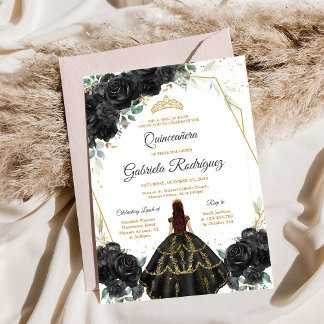 Quinceanera-Blumen-Schwarz-Gold-Einladung Einladung