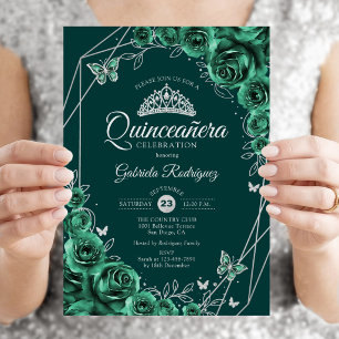 Quinceanera-Blumen Smaragdgrün Silber Einladung