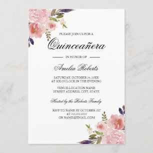 Quinceanera Blumenaquarell Pfingstrosen Rosa Lila Einladung