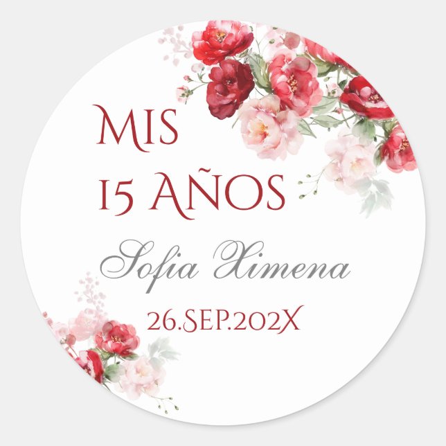 Quinceañera Blumenrojo Runder Aufkleber (Vorderseite)