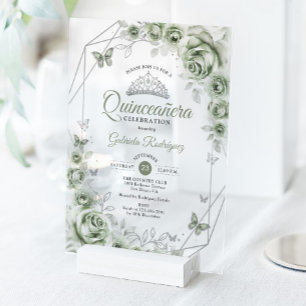 Quinceanera Blumenschmuck Sagegrün Silber Acryleinladungen