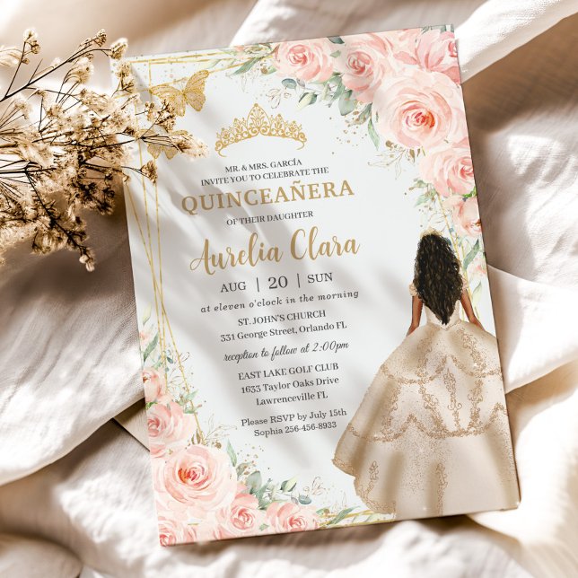 Quinceanera Blush Bloral Princess Champagne Dress Einladung (Von Creator hochgeladen)