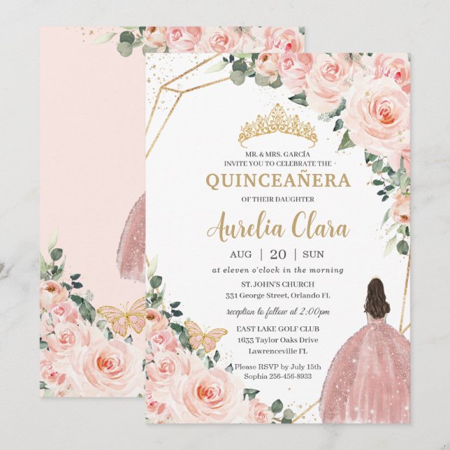 Quinceañera Blush Bloral Princess Gold Crown Einladung (Vorne/Hinten)