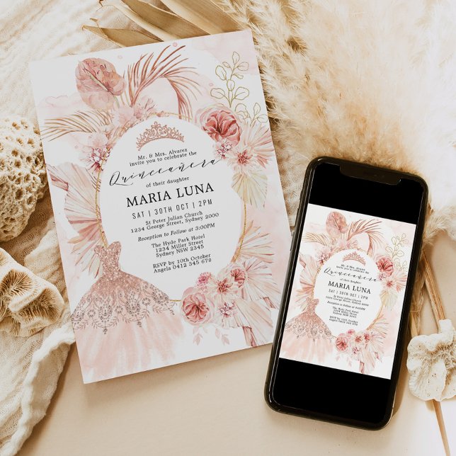 Quinceañera Blush Boho Floral Pampas Grass Dress Einladung (Von Creator hochgeladen)