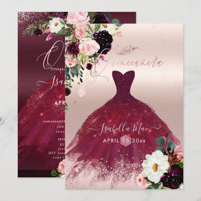 Quinceanera Blush Burgund Wasserfarben Blume Einladung (Vorne/Hinten)