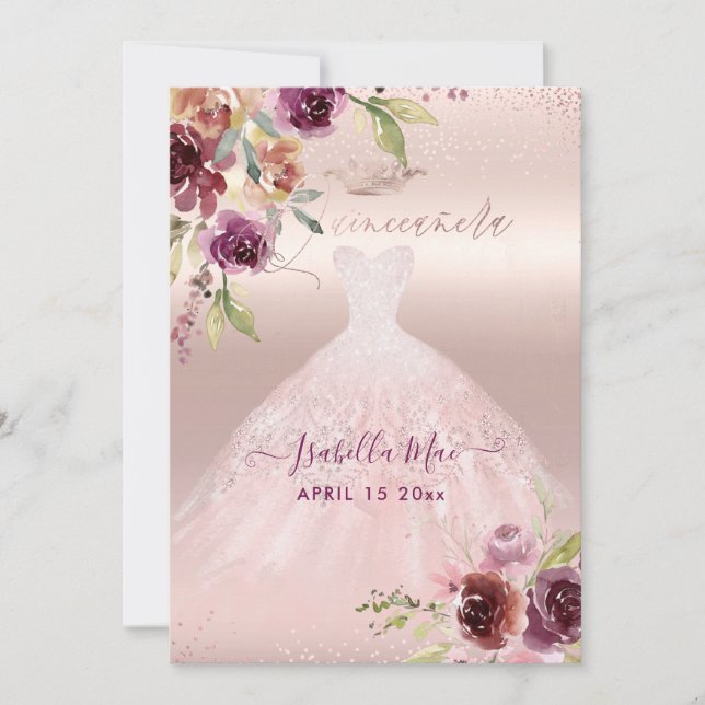 Quinceanera Blush Burgund Wasserfarben Blume Einladung (Vorderseite)