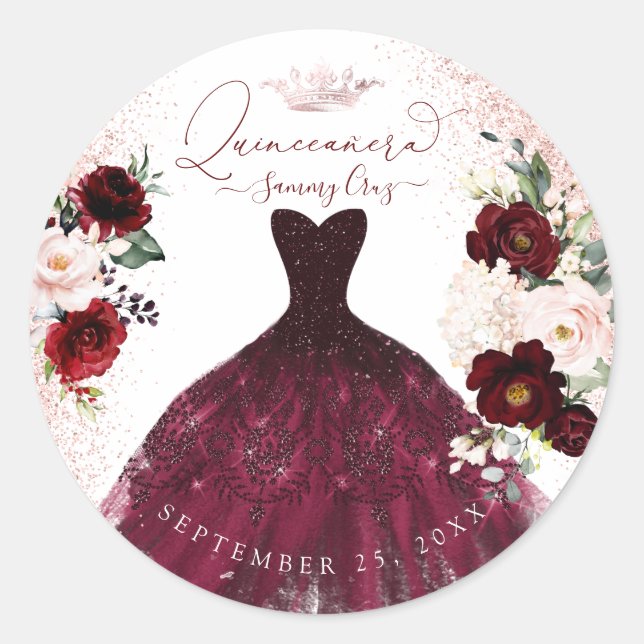 Quinceanera Blush Burgund Wasserfarben Blume Runder Aufkleber (Vorderseite)