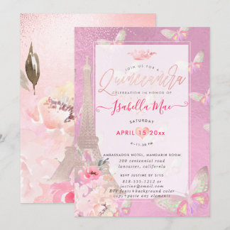 Quinceanera Blush Eiffelturm, Schmetterlinge Einladung
