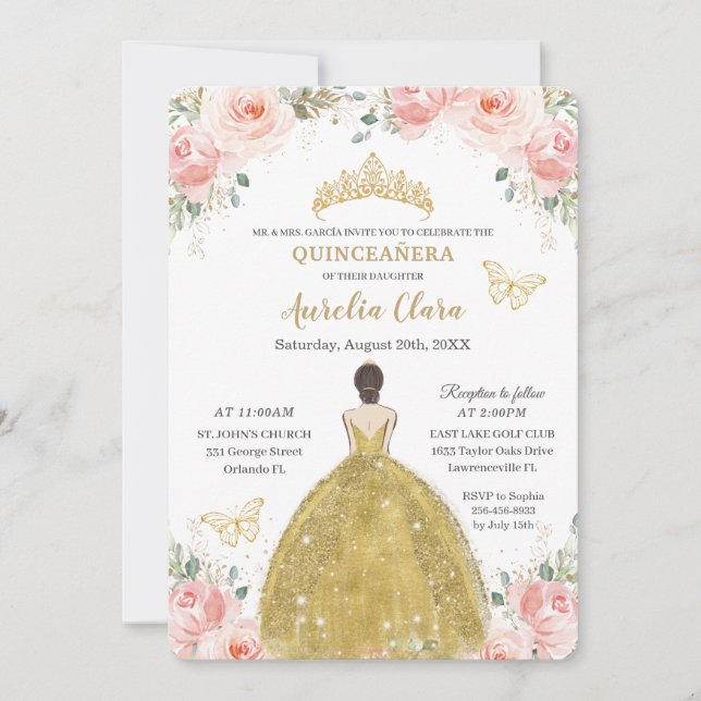 Quinceañera Blush Floral Butterfells Goldprinzessi Einladung (Vorderseite)