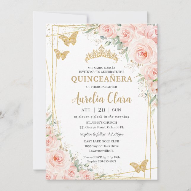 Quinceanera Blush Floral Champange Schmetterlinge Einladung (Vorderseite)