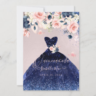 Quinceanera Blush Floral Navy Blauer Glitzer Going Einladung