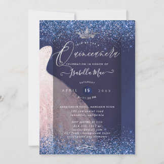 Quinceanera Blush Glitzer Going + Navy Blue Einladung