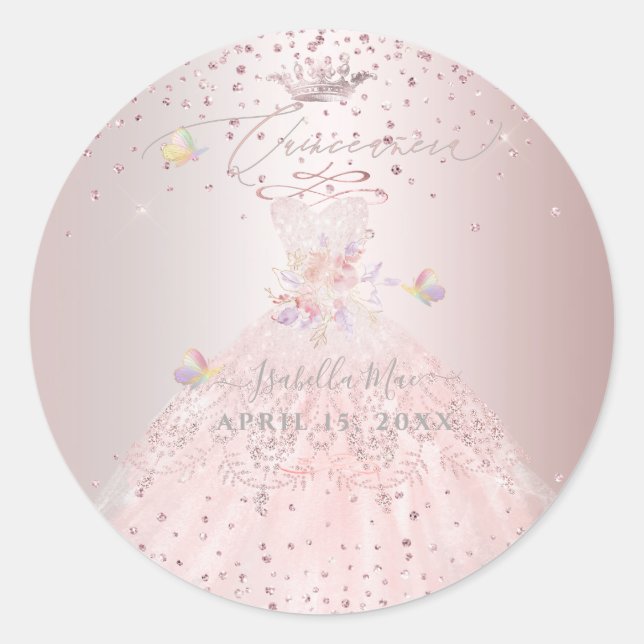Quinceanera Blush Glitzer Gown Platterbsen Klassis Runder Aufkleber (Vorderseite)
