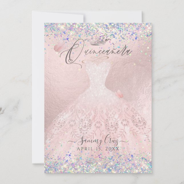 Quinceanera Blush Gown Holographic Glitzer Invita Einladung (Vorderseite)