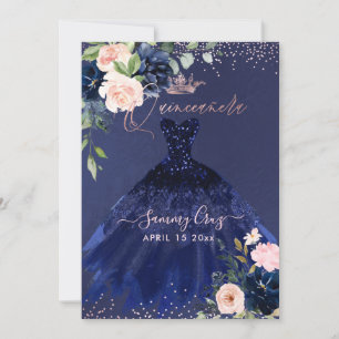 Quinceanera-Blush-Navy-Blau-Wasserfarben-Blumen-Ei Einladung