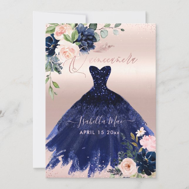 Quinceanera Blush Navy Blue Watercolor Blume Einladung (Vorderseite)