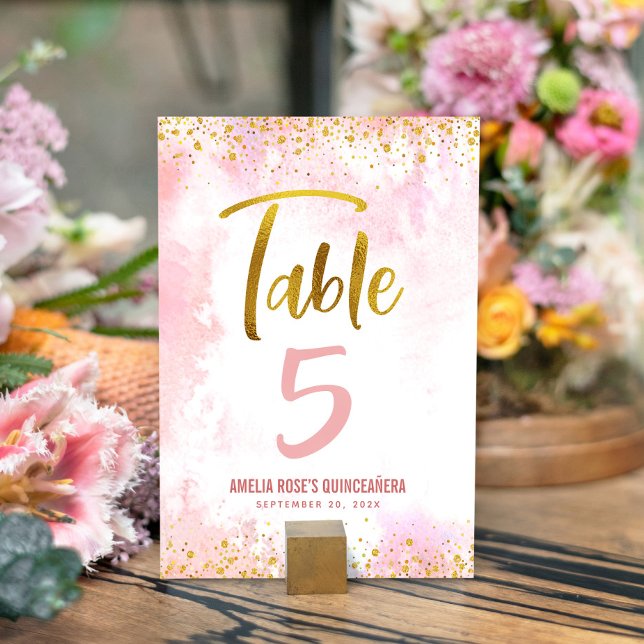 Quinceañera Blush Pink Aquarell Gold Glitzer Tischnummer (Von Creator hochgeladen)