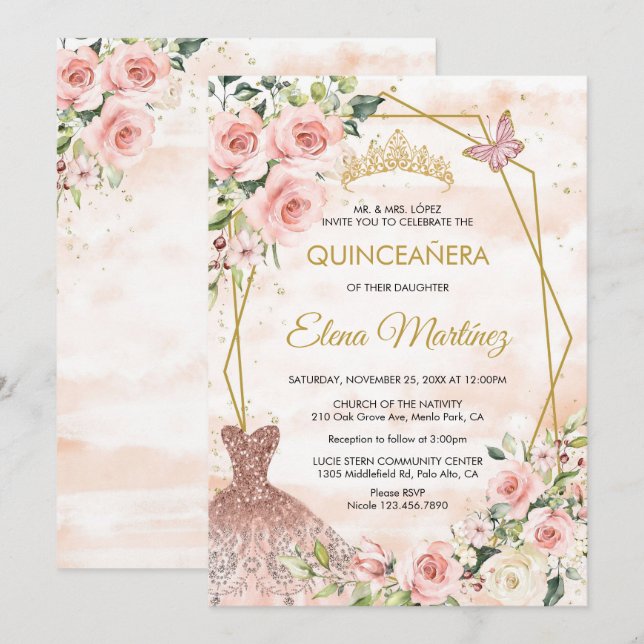 Quinceanera Blush Pink Blume Schmetterling Einladung (Vorne/Hinten)