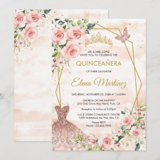 Quinceanera Blush Pink Blume Schmetterling Einladung