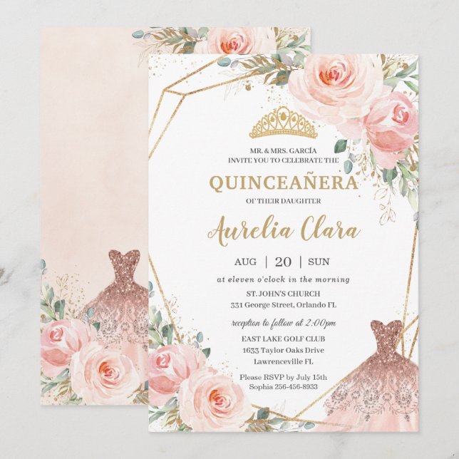 Quinceañera Blush Pink Blumenkleid Birthday Invi Einladung (Vorne/Hinten)
