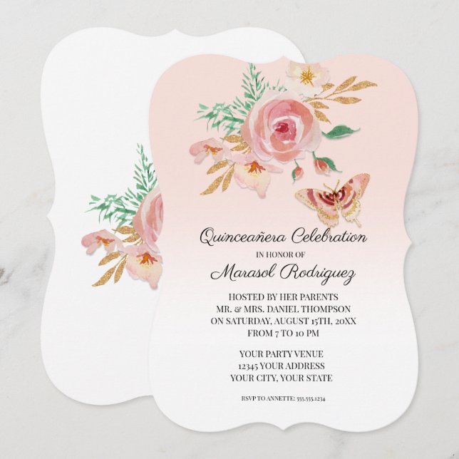 Quinceañera Blush Pink Butterfly w Blume Einladung (Vorne/Hinten)