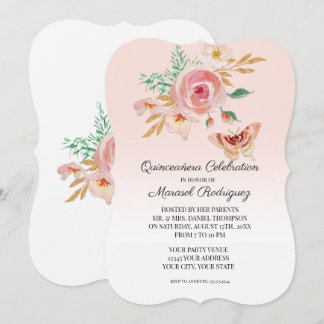 Quinceañera Blush Pink Butterfly w Blume Einladung