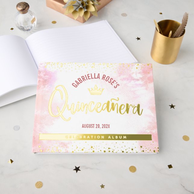 Quinceañera Blush Pink Crown Script Real Gold Foss Gästebuch (Vorderseite offen)