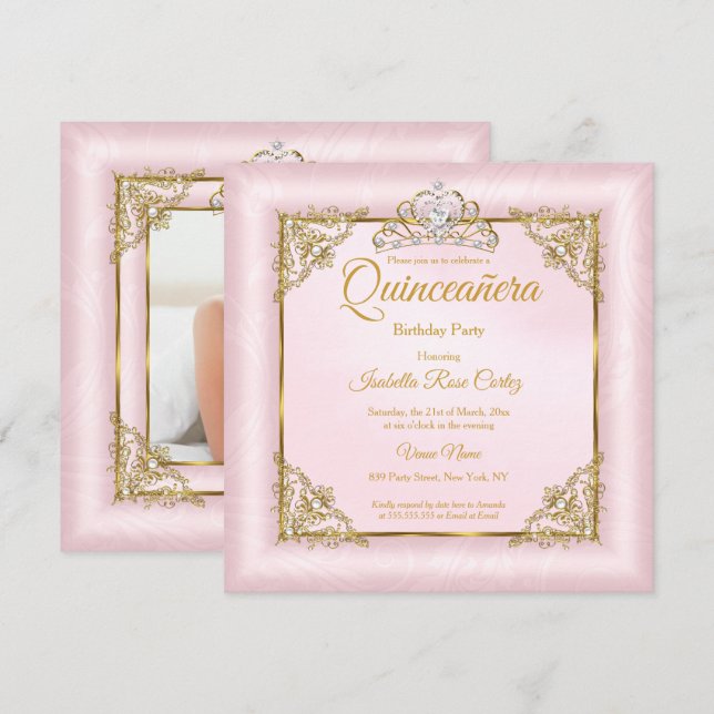 Quinceanera Blush Pink Damask Foto Gold Tiara 2 Einladung (Vorne/Hinten)