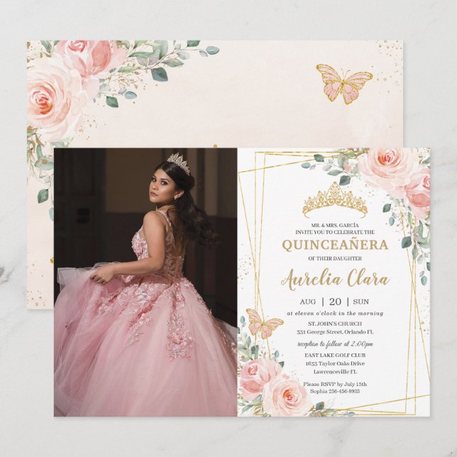 Quinceañera Blush Pink Floral Butterfly Foto Einladung (Vorne/Hinten)