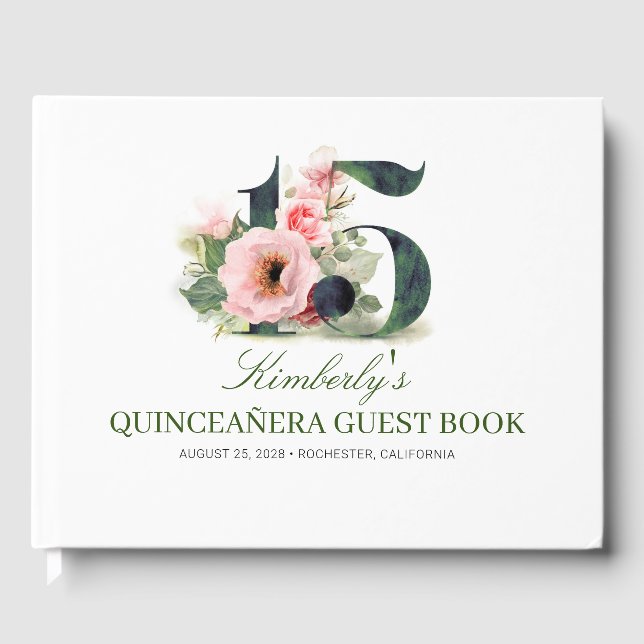 Quinceanera Blush Pink Floral Gästebuch (Vorderseite)