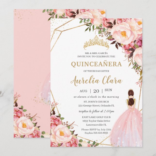 Quinceañera Blush Pink Floral Gold Prinzessin Einladung (Vorne/Hinten)