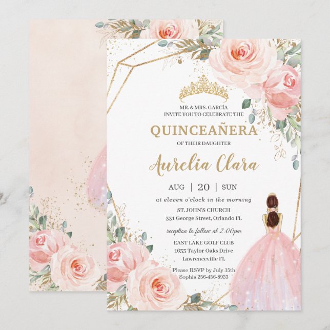 Quinceañera Blush Pink Floral Mis Quince Anos Inv Einladung (Vorne/Hinten)