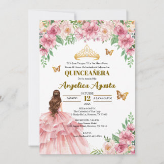 Quinceañera Blush Pink Floral Princess Spanish Einladung