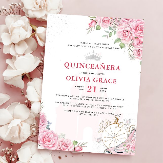 Quinceanera Blush Pink Floral Silver Crown Einladung (Von Creator hochgeladen)