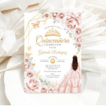 Quinceanera Blush Pink Gold Blumenkleid Einladung<br><div class="desc">Rosa,  goldfarben und weiß,  Quinceanera feiern Einladung. Features brünettes Mädchen in Ballkleid,  Skript-Schriftart,  Goldschmetterlinge,  Aquarell-Rose und Tiara. Ideal für eine elegante Glasfeier im Prinzessinnstil. Personalisieren Sie Ihre persönlichen Daten. Gedruckte Zazzle-Einladungen oder Sofortdownload digitaler Druckvorlage.</div>