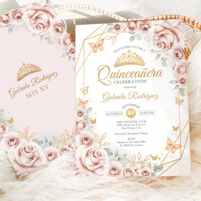 Quinceanera Blush Pink Gold Floral Einladung (Von Creator hochgeladen)