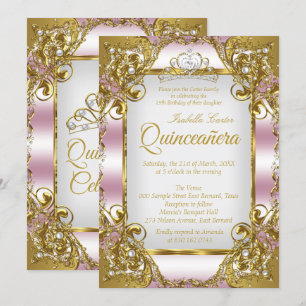 Quinceanera Blush Pink Golden Pearl Tiara Party Einladung