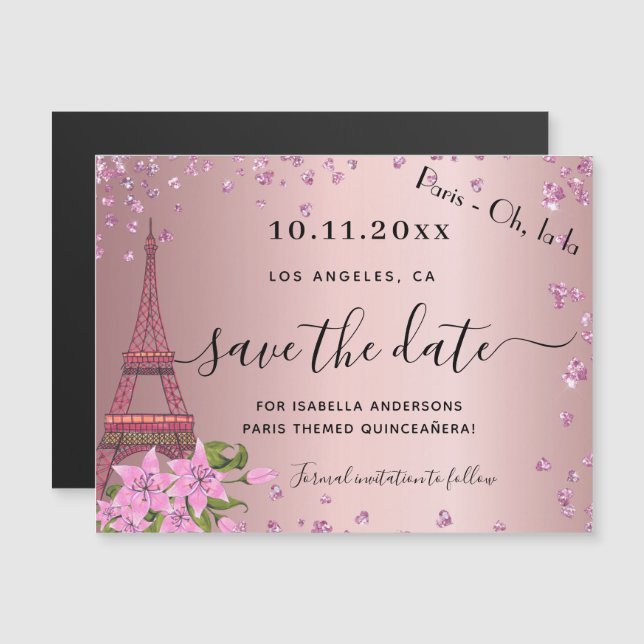 Quinceanera Blush Pink Paris speichern Datums-Magn Magnetkarte (Vorne/Hinten)