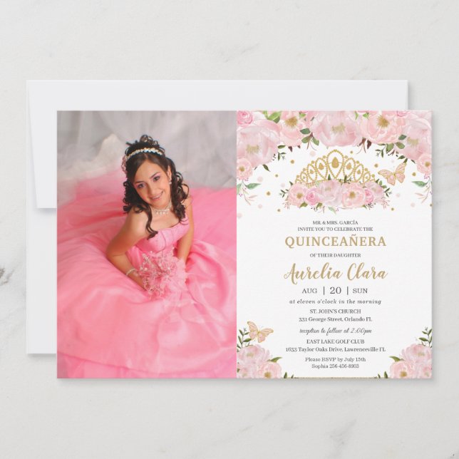 Quinceañera Blush Pink Princess Crown Foto Einladung (Vorderseite)