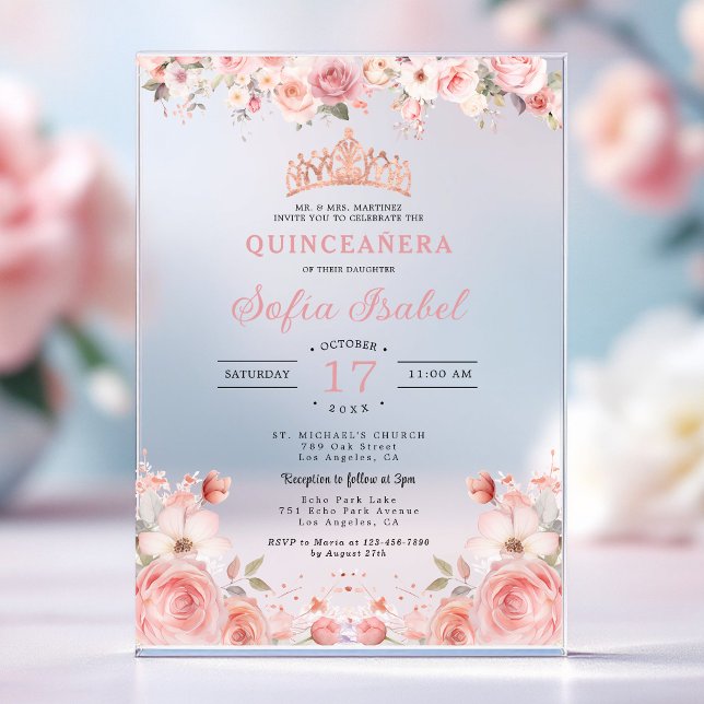 Quinceañera Blush Pink Rose Floral Acryleinladungen (Von Creator hochgeladen)
