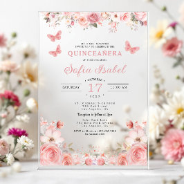 Quinceañera Blush Pink Rose Floral Butterfly Acryleinladungen