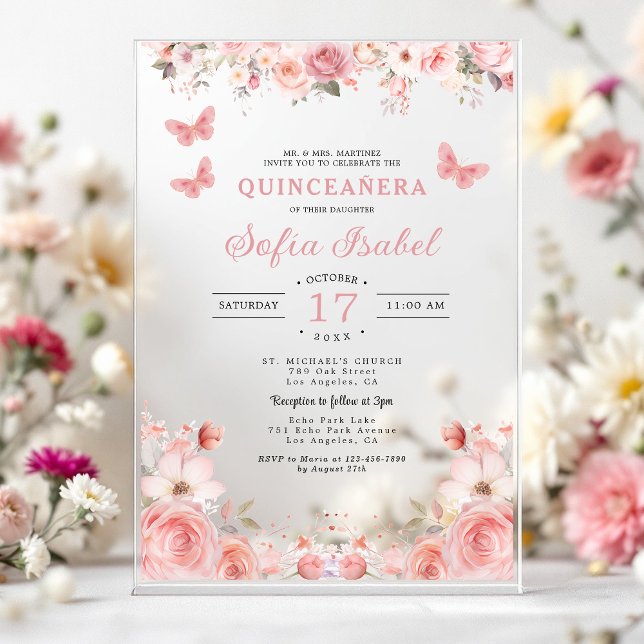 Quinceañera Blush Pink Rose Floral Butterfly Acryleinladungen (Von Creator hochgeladen)