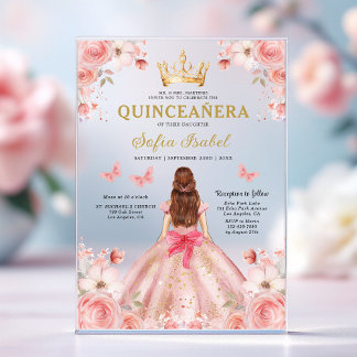 Quinceañera Blush Pink Rose Floral Butterfly Acryleinladungen