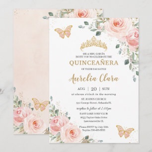 Quinceañera Blush Pink Rose Floral Butterfly Crown Einladung