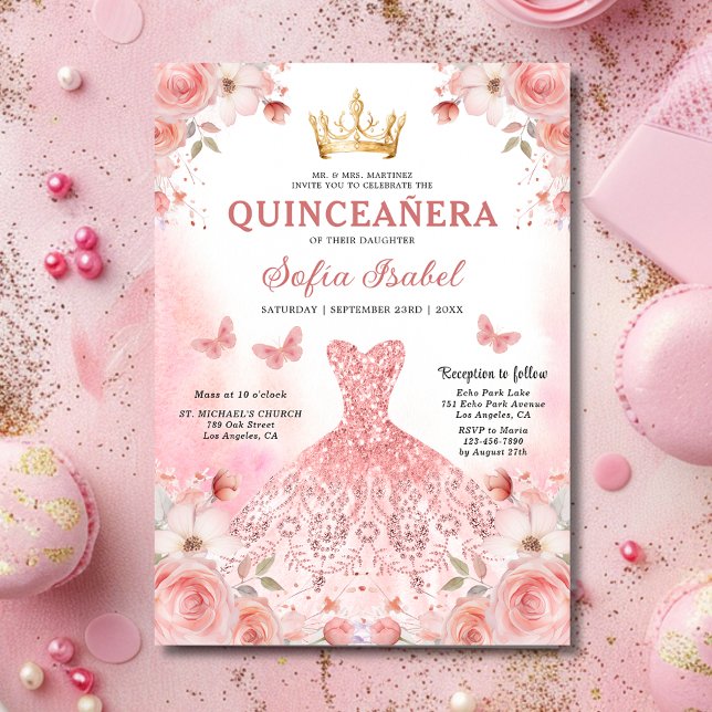 Quinceañera Blush Pink Rose Floral Butterfly Einladung (Von Creator hochgeladen)