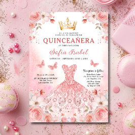 Quinceañera Blush Pink Rose Floral Butterfly Einladung