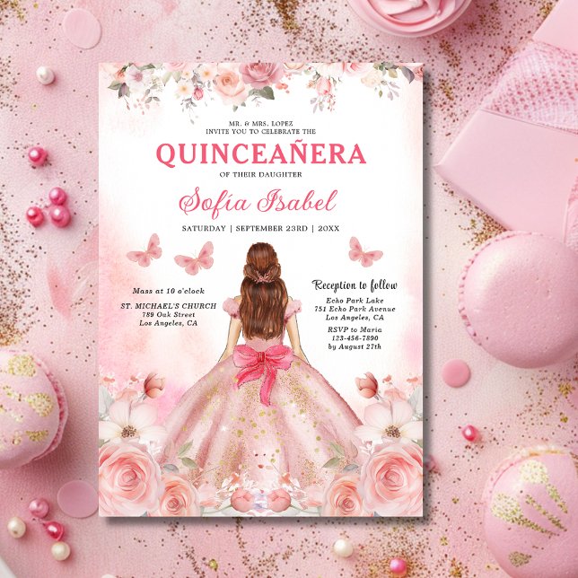 Quinceañera Blush Pink Rose Floral Butterfly Einladung (Von Creator hochgeladen)
