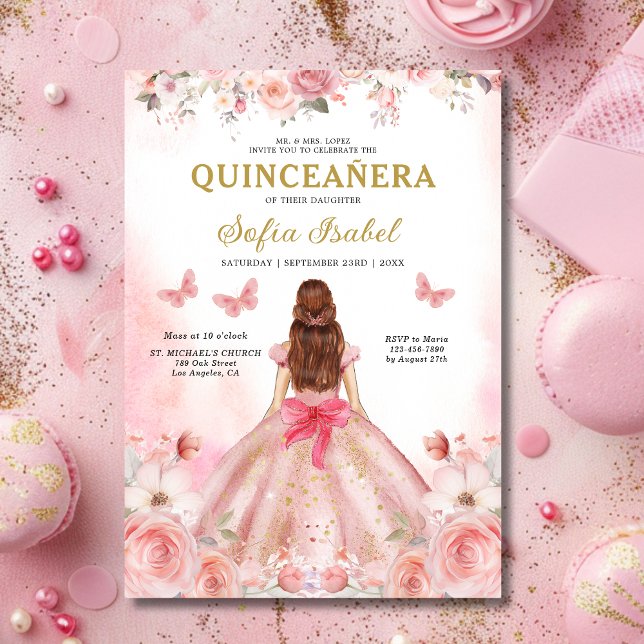 Quinceañera Blush Pink Rose Floral Butterfly Einladung (Von Creator hochgeladen)